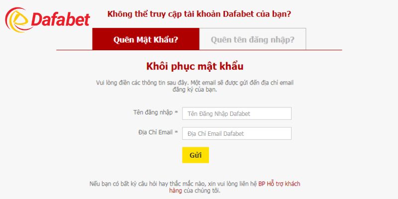 Sử dụng tính năng khôi phục mật khẩu Dafabet